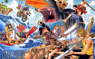 Cartoon people boat ocean shark - eiichiro oda free wallpaper