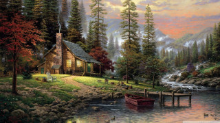 Cabin river boat dock painting - a painting of a cabin free wallpaper