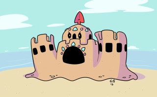 Sandcastle redflag beach bluesky clouds - pop surrealism free wallpaper