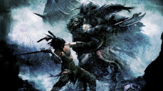 Man woman fighting water monster - a painting style free wallpaper