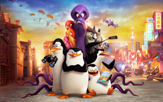 Penguins city street sky background - a group of penguins free wallpaper