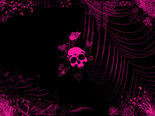 Pink skull flowers black background - a silk screen free wallpaper