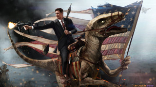 Man riding dinosaur gun flag 2 - adam rex free wallpaper