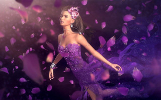 Woman purple dress petals head - her head and a flower free wallpaper