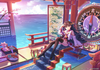 Woman sitting stairs clock building - a detailed painting free wallpaper for desktop