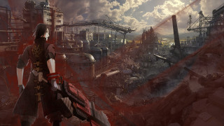 Woman red dress factory smoke - a factory free wallpaper