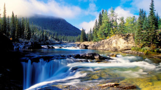River waterfall trees mountains bridge - cui bai free wallpaper