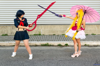 Two women costumes umbrellas street - cosplay free wallpaper