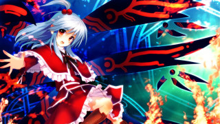 Woman red dress fire flames - overhead free wallpaper