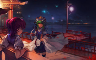 Anime girls pier night clock - a pier free wallpaper