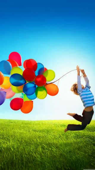 Child flying balloons air string - andries stock free wallpaper