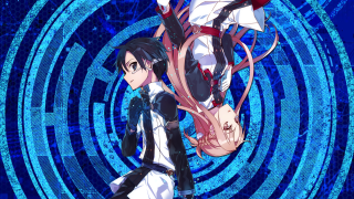 Anime characters blue background sword - circular free wallpaper