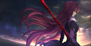 Woman long pink hair red - a cloudy sky behind her free wallpaper