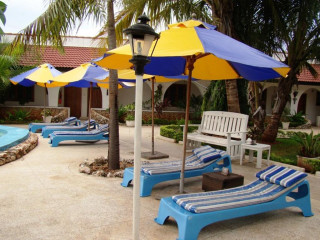 Blue yellow lounge chairs umbrellas - a couple free wallpaper