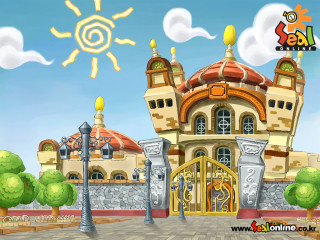 Cartoon castle gate sun sky - 2 d game art free wallpaper