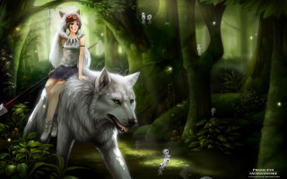 Girl riding wolf forest animals - a forest background free wallpaper