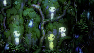 Forest alien figures tree light - a painting of a forest free wallpaper