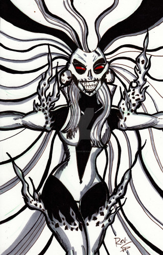 Weird woman ink drawing glowing - two hand free wallpaper