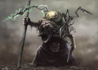 Horned man sceptacle sword holding - head holding free wallpaper
