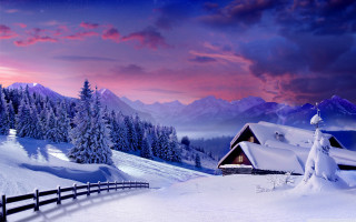 Snowy mountain cabin fence pink - a pink sky free wallpaper