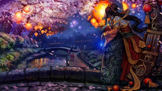 Woman holding lantern park night 3 - a bridge and trees free wallpaper