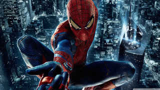 Spiderman flying city night fireworks 2 - a spider man in a suit free wallpaper
