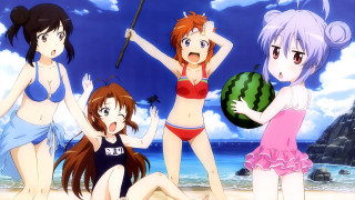 Women beach bathing suits watermelon - a man in the background free wallpaper