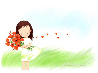 Girl holding bouquet butterfly flying - her hand and a butterfly free wallpaper