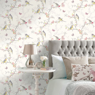 Bed white headboard table lamp - bird free wallpaper