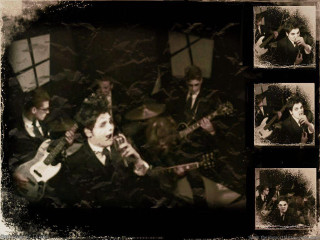 Men guitars singing microphones group - free vintage wallpaper