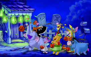 Cartoon characters halloween scene pumpkins - front free wallpaper