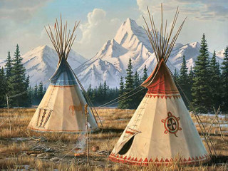Teepees field mountains sky clouds - western free wallpaper