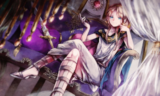 Woman sitting chair purple background - octopath traveler free wallpaper