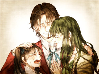 Hugging family crying longhair greenhair - classical realism free wallpaper