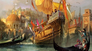 Boat harbor people buildings birds 2 - a painting of a boat free wallpaper