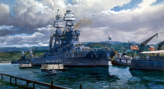 Battleship ship cloudy sky dock - matte drawing free wallpaper