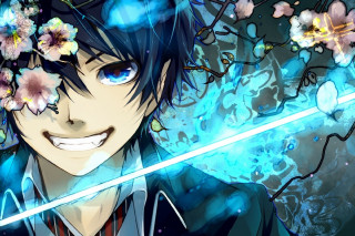 Man blue hair sword flowers - blue hair holding free wallpaper