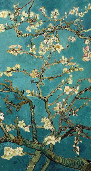 Tree white flowers blue background 4 - impressionist free wallpaper