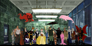 Group people hallway umbrellas costumes - different color free wallpaper