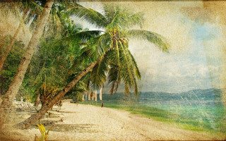 Beach palm tree blue sky 9 - a painting of a beach free wallpaper