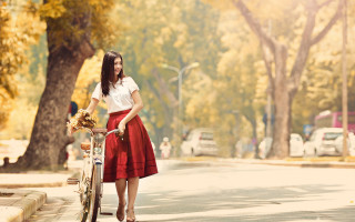 Woman red skirt bike basket - a basket of flowers free wallpaper