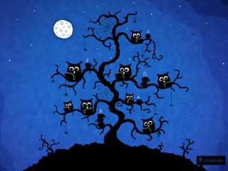 Tree owls full moon blue 2 - 2 d game art free wallpaper