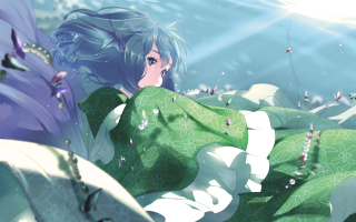 Woman green dress flowers grass - underwater free wallpaper