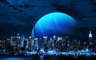Large blue ball city night - chesley bonestell free wallpaper