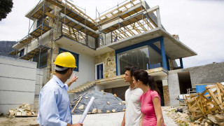 Man woman house construction blue - mesh wire free wallpaper