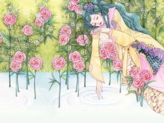 Woman pink dress flowers background - chiho aoshima free wallpaper