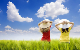 Two women yellow shirts hats 2 - two woman free wallpaper for desktop