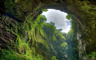 Cave entrance waterfall lush trees - a waterfall in the middle of it free wallpaper