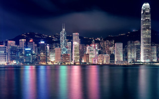 City skyline night reflections ferris - international typographic style free wallpaper for desktop