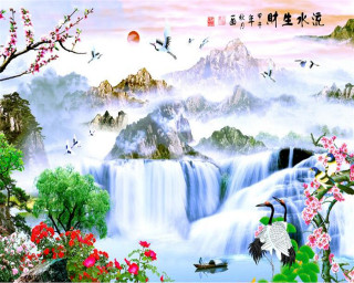 Waterfall birds flowers mountain painting - a painting of a waterfall free wallpaper